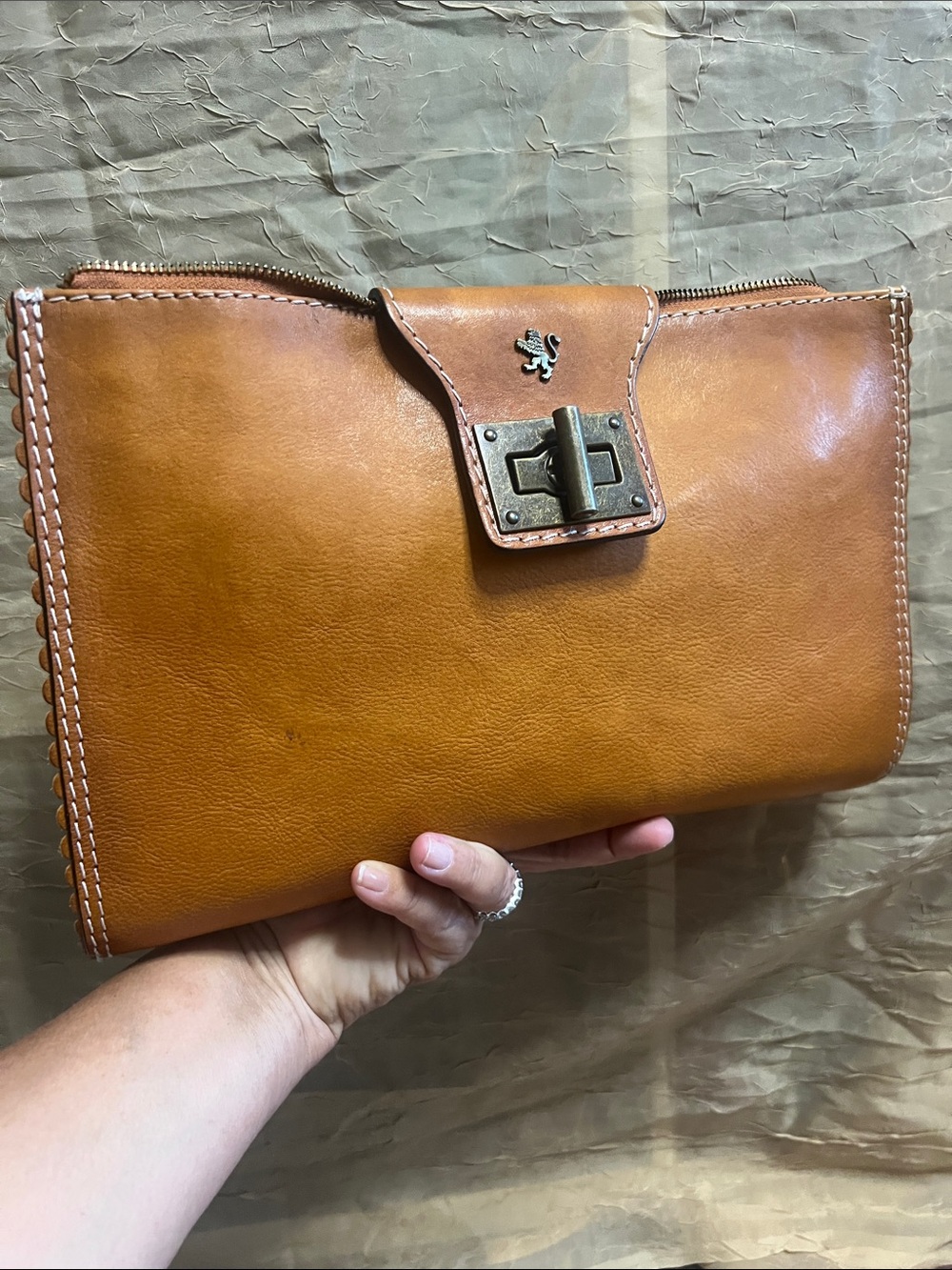 Vintage Pratesi Firenze Italian Leather Clutch Bag Cognac Brown